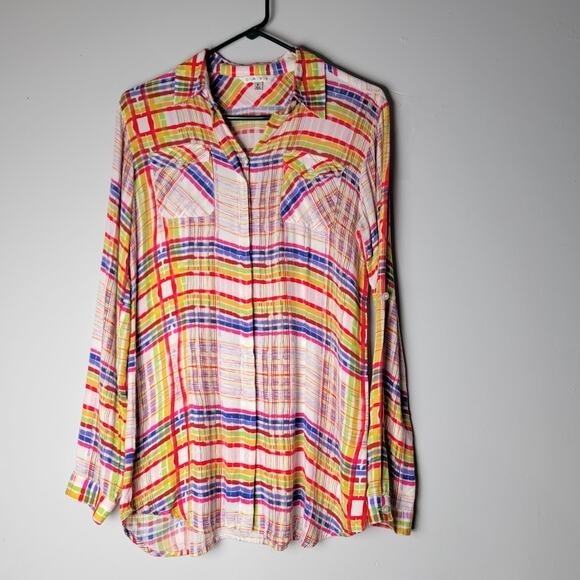Cabi Plaid Button Up Blouse S Artsy Colorful Dopamine Spring Top - Picture 2 of 12
